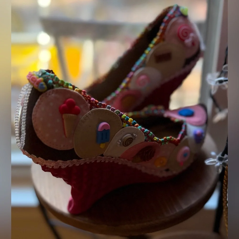 Custom One of a Kind Hand-Adorned Statement Wedge in Sweet Treats Theme. 7/7.5